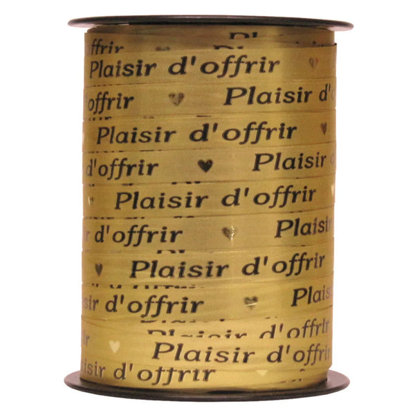Bolduc cadeau imprimé Plaisir d'offrir noir et or miroir sur or mat, bobine 10 mm x 225 m