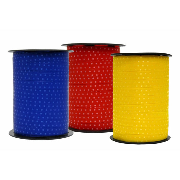 Bobine de bolduc imprimé pois brillants 10 mm 225 m en 9 coloris pour emballage cadeau professionnel