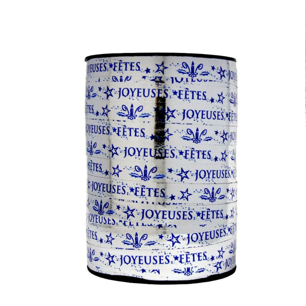 Bolduc festif bleu sur argent miroir 10 mm imprimé Joyeuses fêtes, bobine 225 m