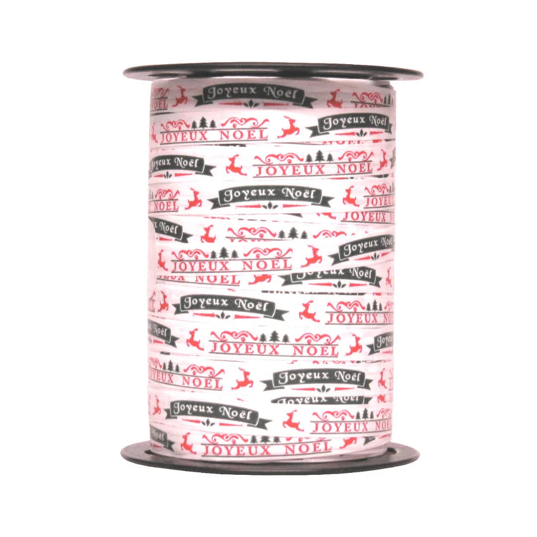 Bolduc Joyeux Noël sur fond blanc 10 mm 225 m – motif inscription festive