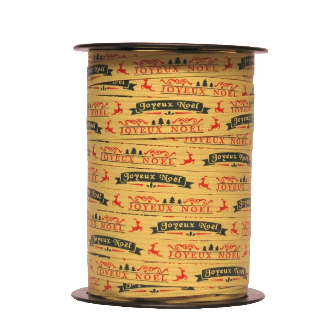 Bolduc Joyeux Noël sur fond crème 10 mm 225 m – motif inscription festive