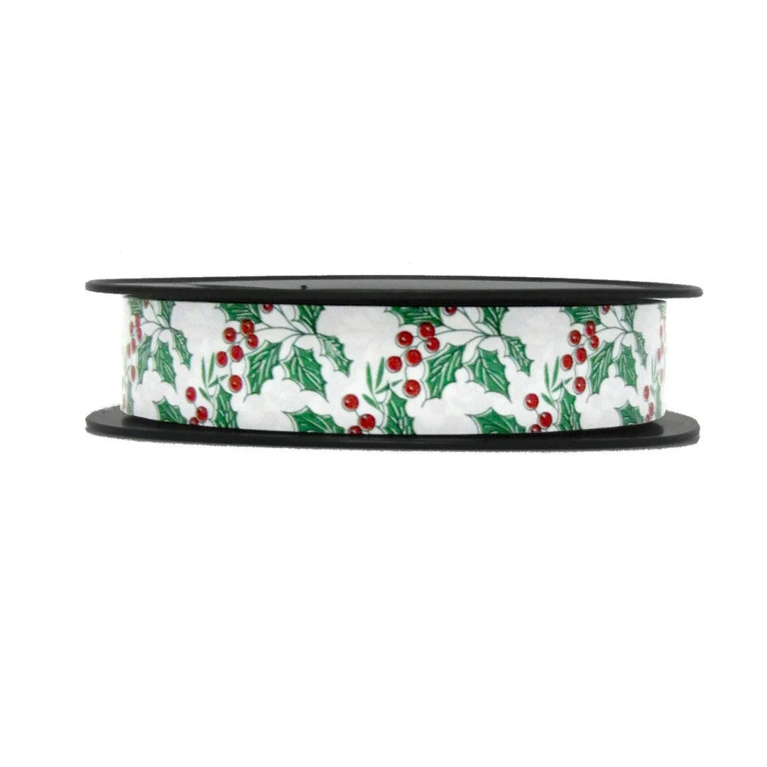 Bolduc imprimé motif gui sur fond argent, largeur 25 mm, bobine 100 m pour boutiques et fleuristes