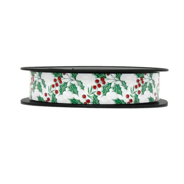 Bolduc imprimé motif gui sur fond argent, largeur 25 mm, bobine 100 m pour boutiques et fleuristes