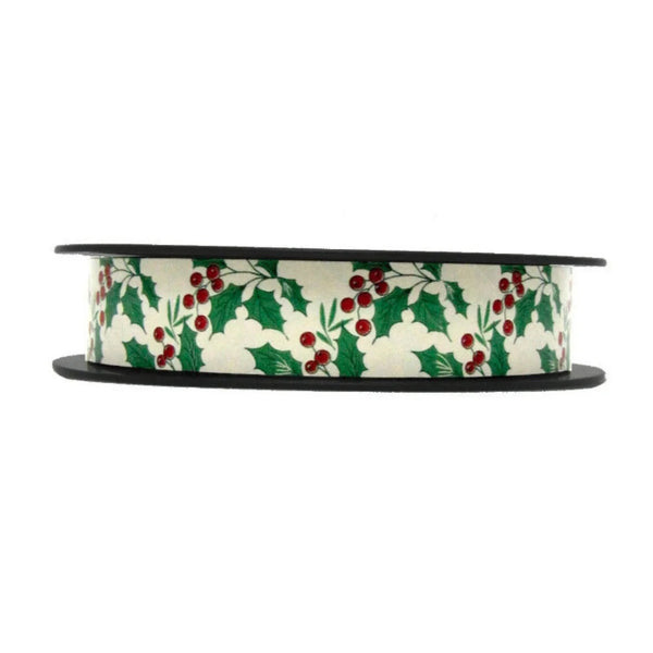 Bolduc imprimé motif gui sur fond or, largeur 25 mm, bobine 100 m pour emballages cadeaux professionnels