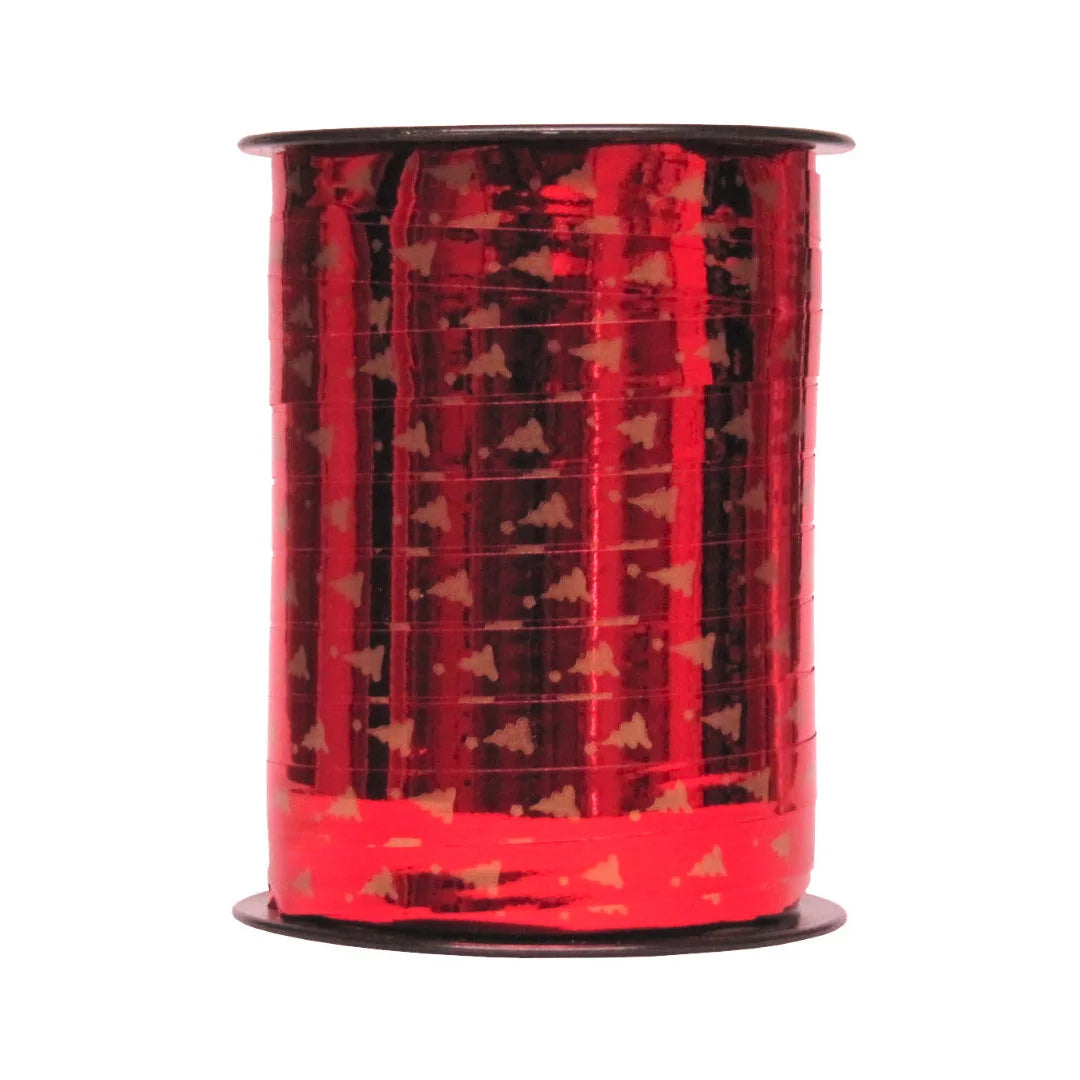 Bolduc Noël sapins or sur rouge motif Igor Miroir 10 mm 225 m