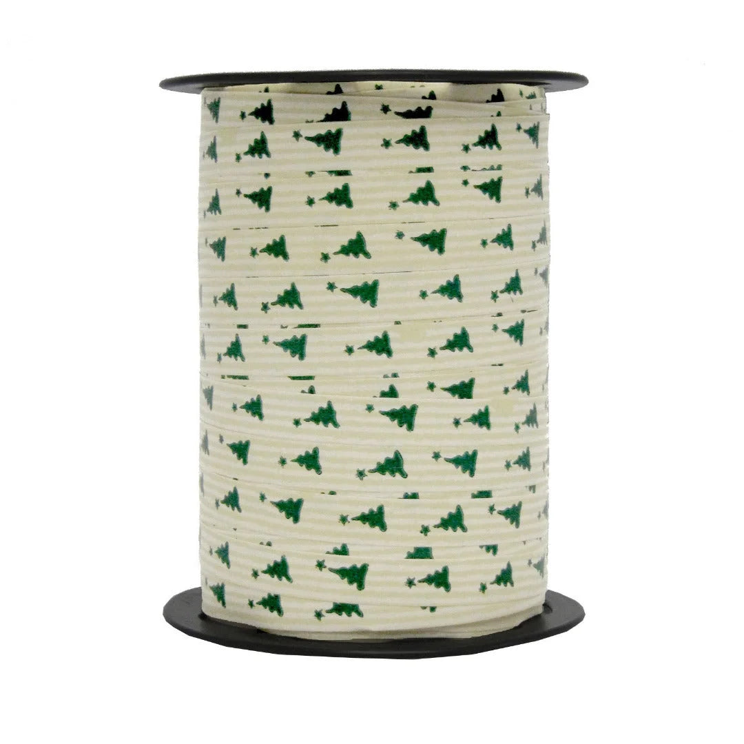 Bolduc Noël sapins vert sur crème motif Igor 10 mm 225 m
