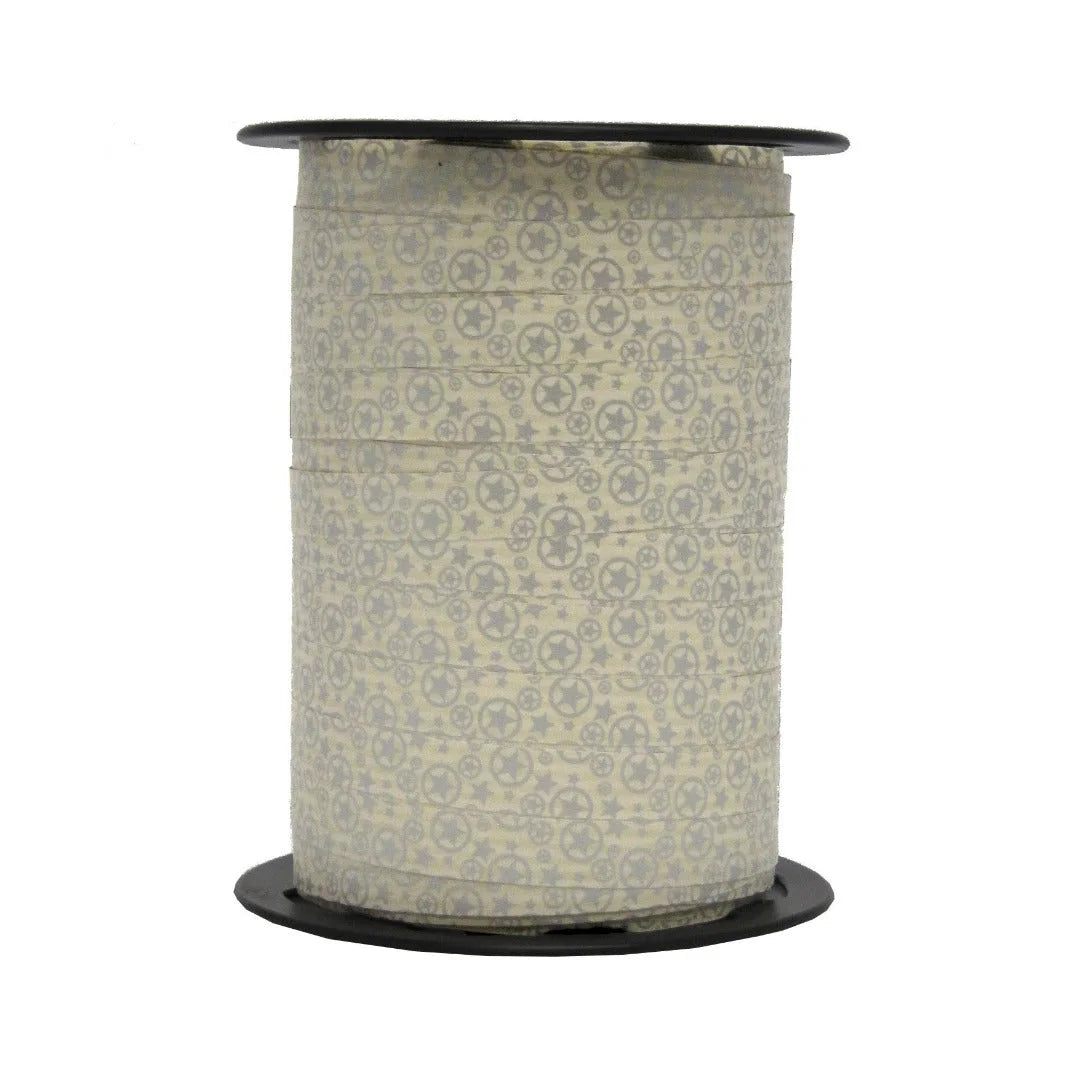 Bolduc Noël étoiles argent sur crème motif Iseo 10 mm 225 m