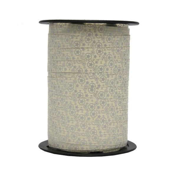 Bolduc Noël étoiles argent sur crème motif Iseo 10 mm 225 m