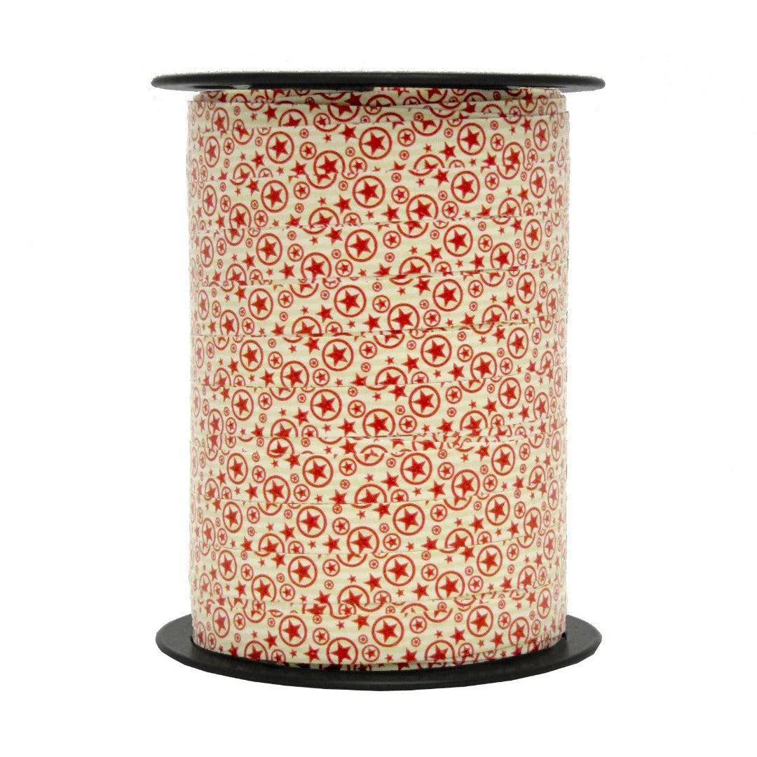 Bolduc Noël étoiles rouge sur crème motif Iseo 10 mm 225 m