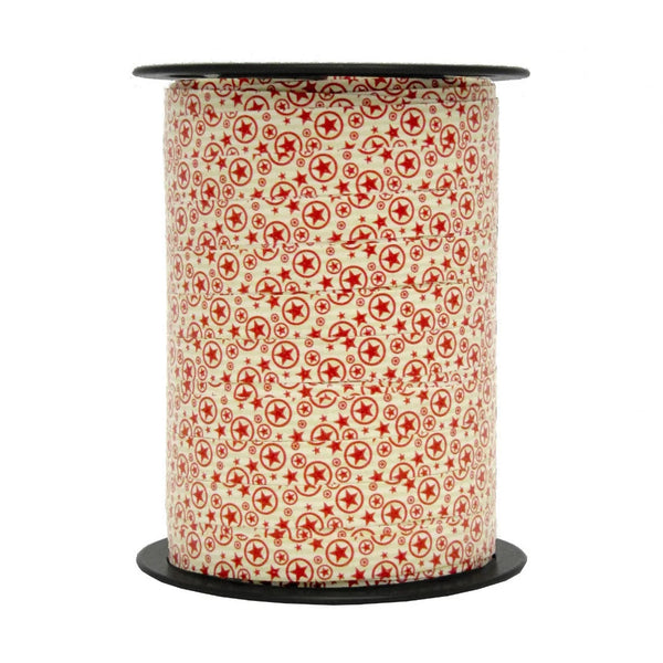 Bolduc Noël étoiles rouge sur crème motif Iseo 10 mm 225 m