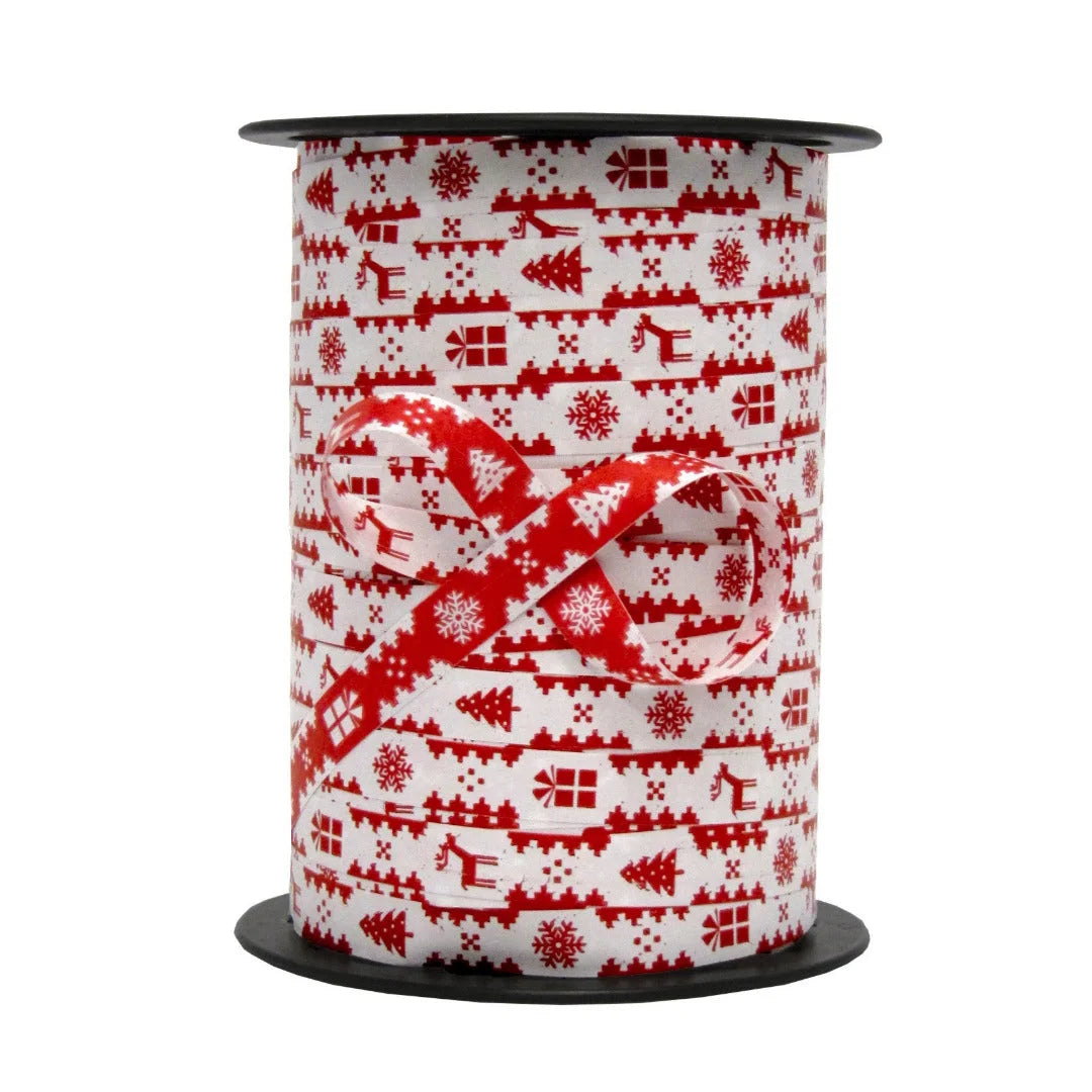 Bolduc imprimé Noël motif Laponie rouge et blanc 10 mm 225 m – recto verso