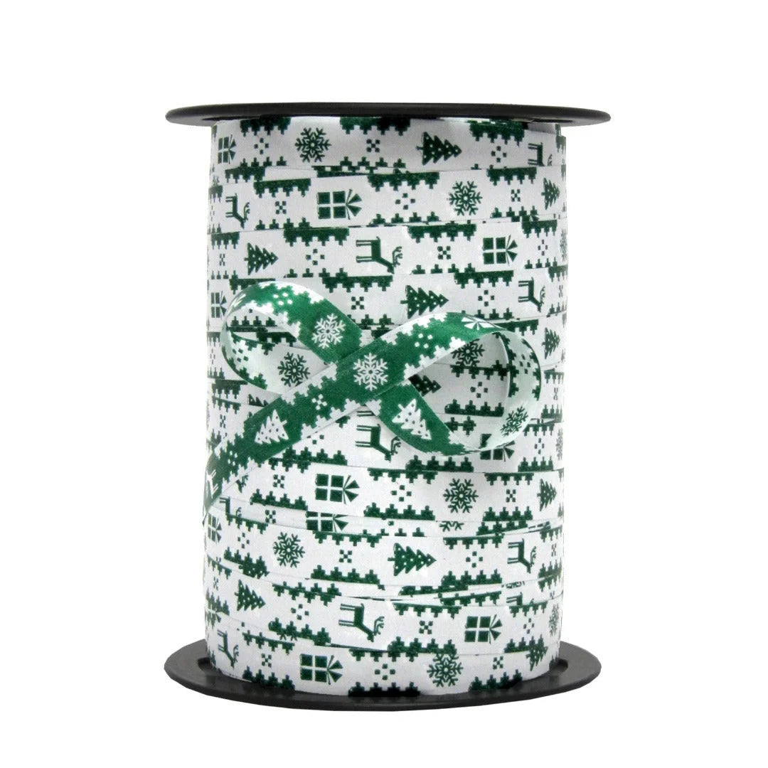 Bolduc imprimé Noël motif Laponie vert et blanc 10 mm 225 m – recto verso