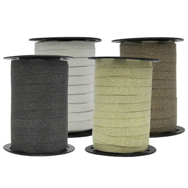 Bobines de bolduc paillettes 10 mm 100 m en cinq couleurs : argent, or, noir, chocolat, rouge