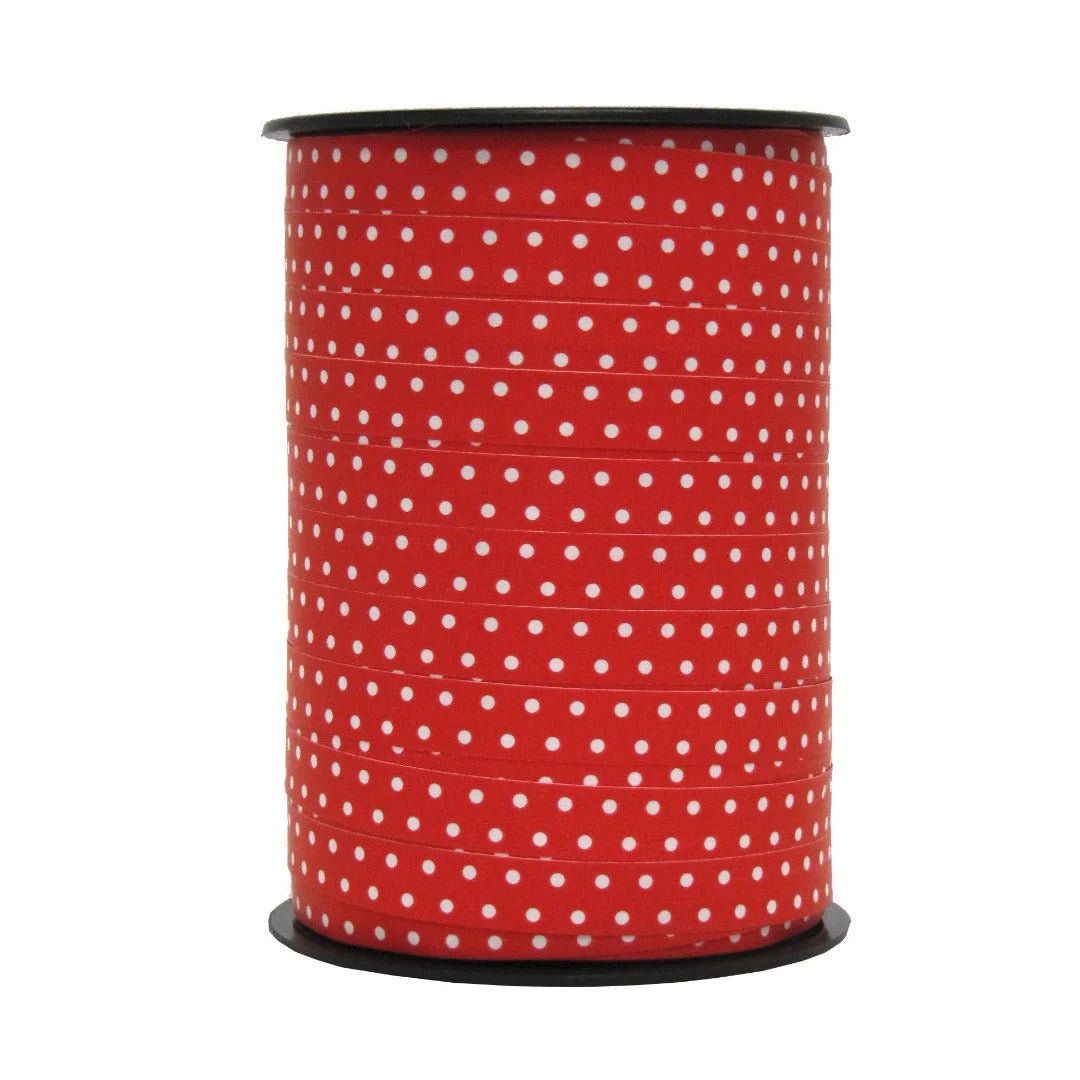 Bolduc pois mats blanc sur rouge 10 mm × 225 m — ruban décoratif polypropylène pour emballage professionnel