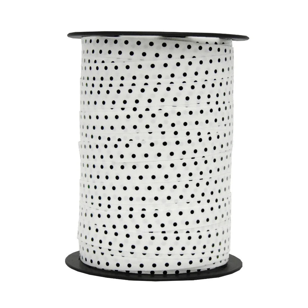 Bolduc pois mats noir sur blanc 10 mm × 225 m — bobine de ruban imprimé pour boutiques et fleuristes