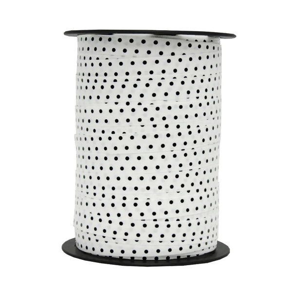 Bolduc pois mats noir sur blanc 10 mm × 225 m — bobine de ruban imprimé pour boutiques et fleuristes