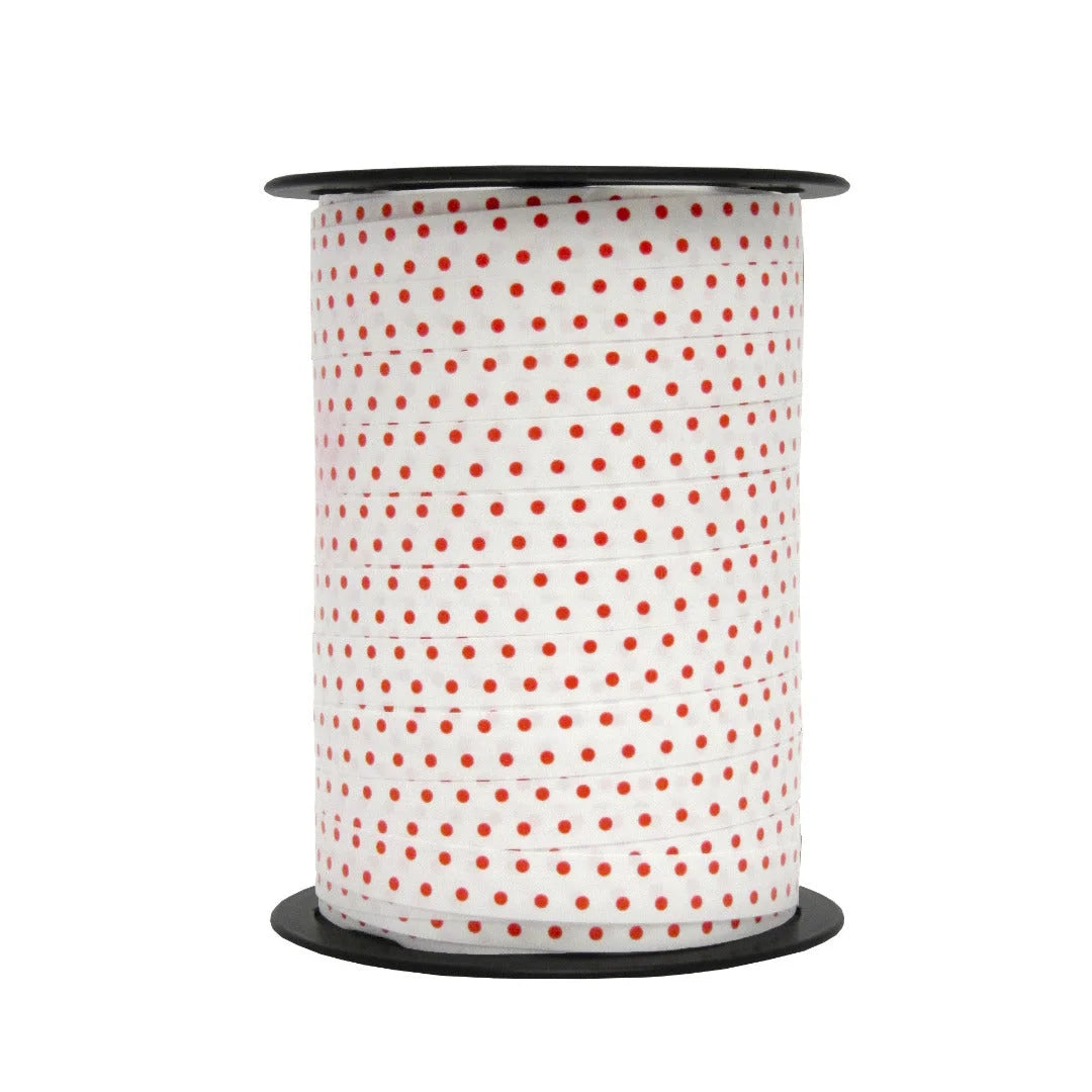 Bolduc pois mats rouge sur blanc 10 mm × 225 m — ruban décoratif professionnel pour emballages cadeaux