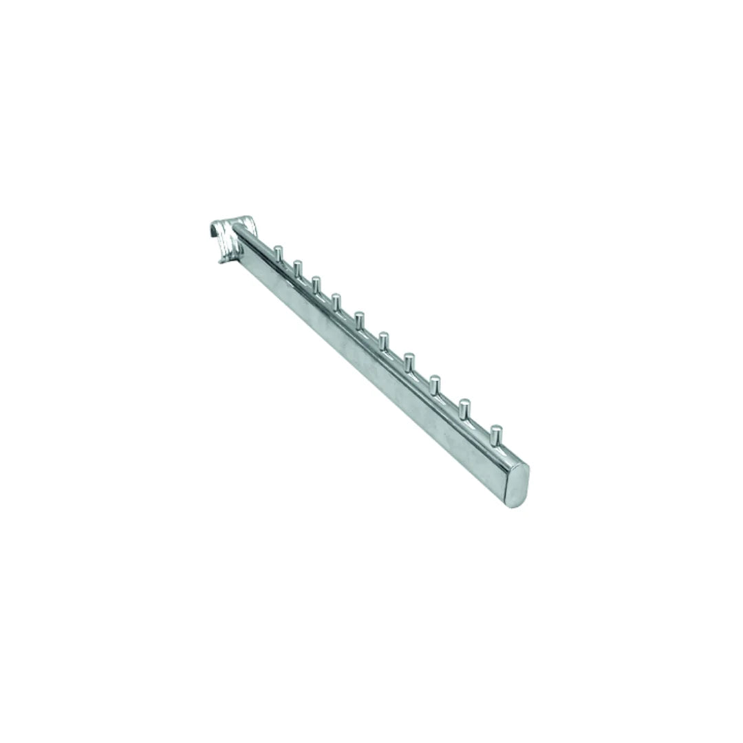 Bras incliné chromé 40 cm pour crémaillère à tube ovale 30×15 mm, présentation vêtements face client