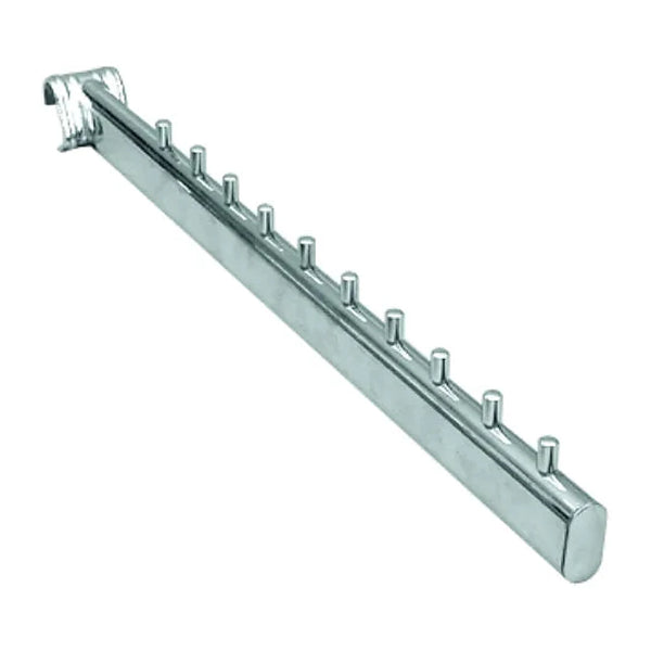 Bras incliné chromé 40 cm pour crémaillère à tube ovale 30×15 mm, présentation vêtements face client
