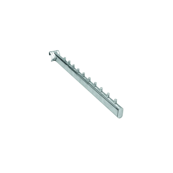 Bras incliné chromé 40 cm pour crémaillère à tube ovale 30×15 mm, présentation vêtements face client