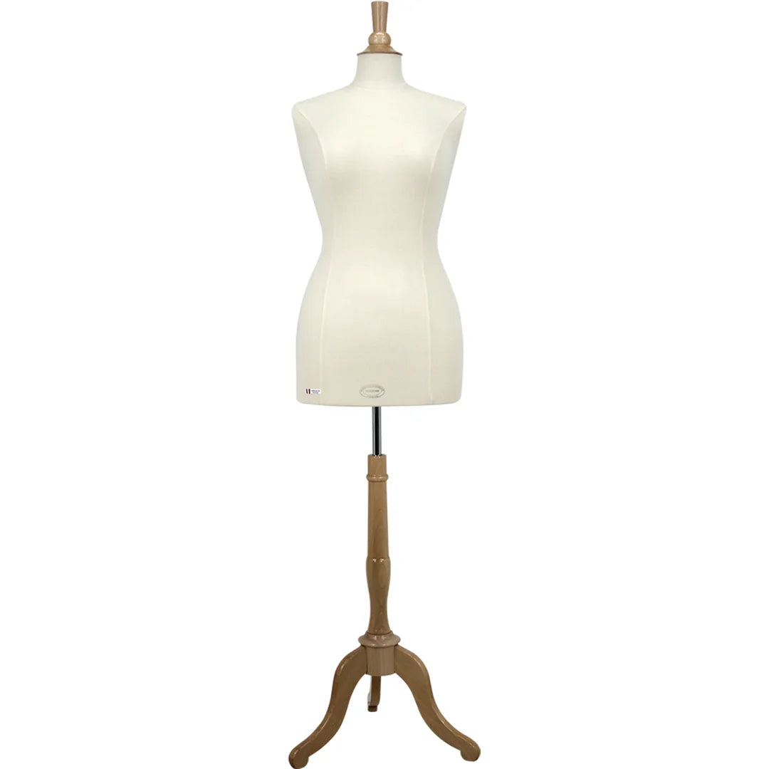Buste de couture femme Vendôme taille L, base trépied bois raffinée, housse jersey coton écru