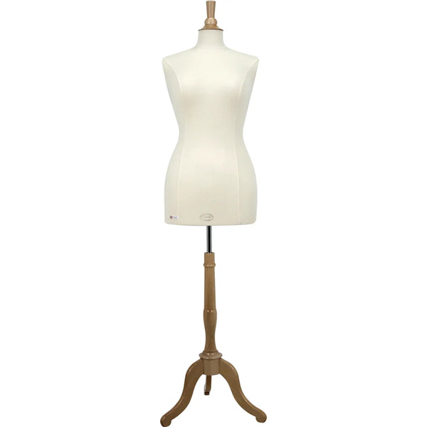 Buste de couture femme Vendôme taille L, base trépied bois raffinée, housse jersey coton écru