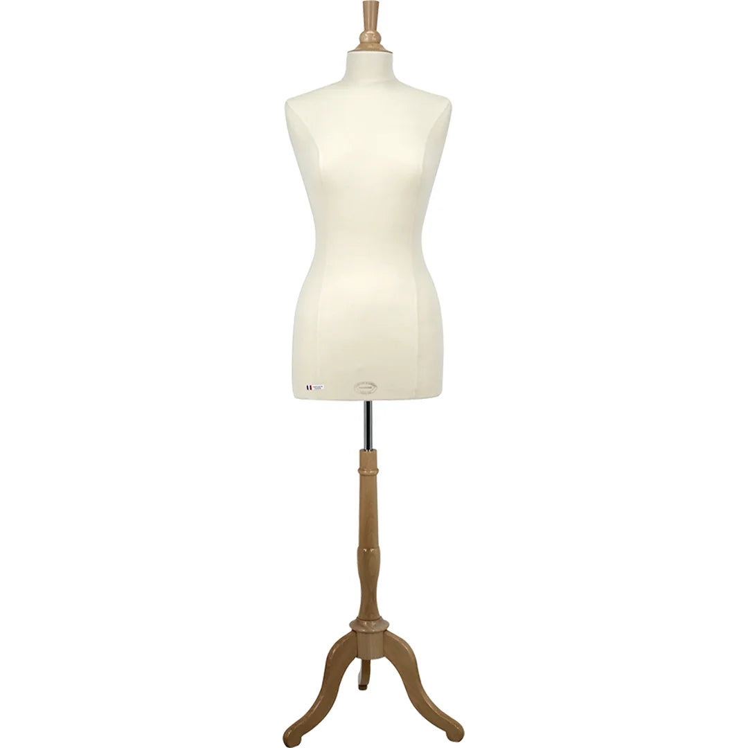Buste de couture femme Vendôme taille M, revêtement écru et trépied bois pour vitrine boutique