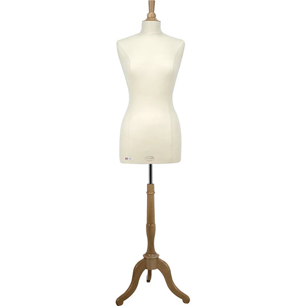 Buste de couture femme Vendôme taille M, revêtement écru et trépied bois pour vitrine boutique