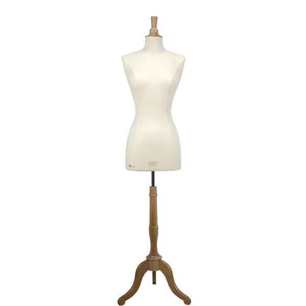 Buste de couture femme Vendôme taille S, housse jersey coton écru, base trépied bois naturel