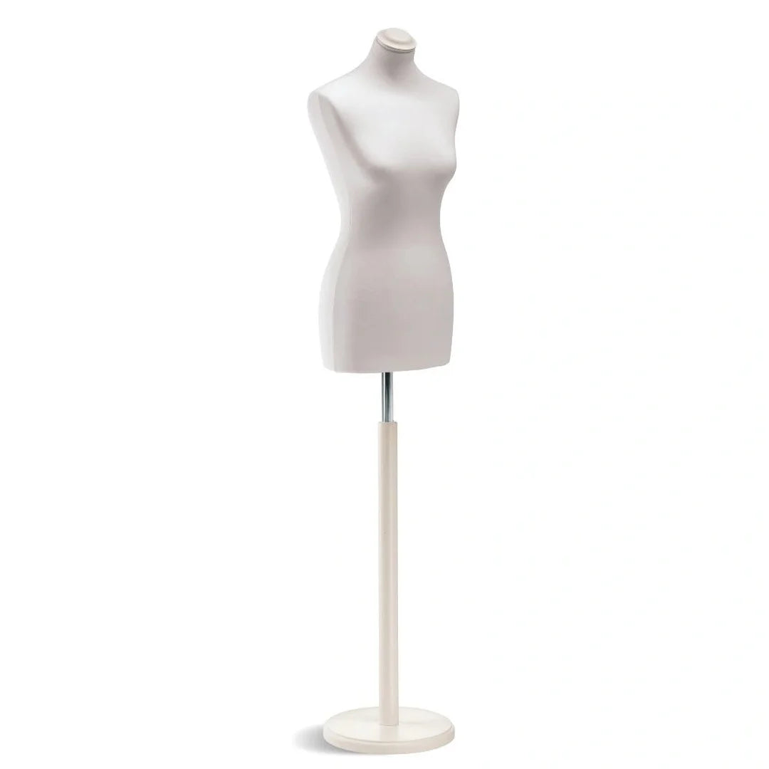 Buste de couture femme Vetrina blanc sur base ronde blanche, revêtement lycra, pour vitrine prêt-à-porter