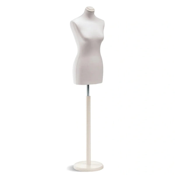 Buste de couture femme Vetrina blanc sur base ronde blanche, revêtement lycra, pour vitrine prêt-à-porter