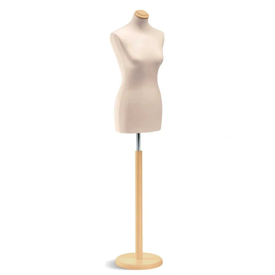 Buste de couture femme Vetrina coloris écru sur base ronde bois naturel, hauteur réglable, pour boutique
