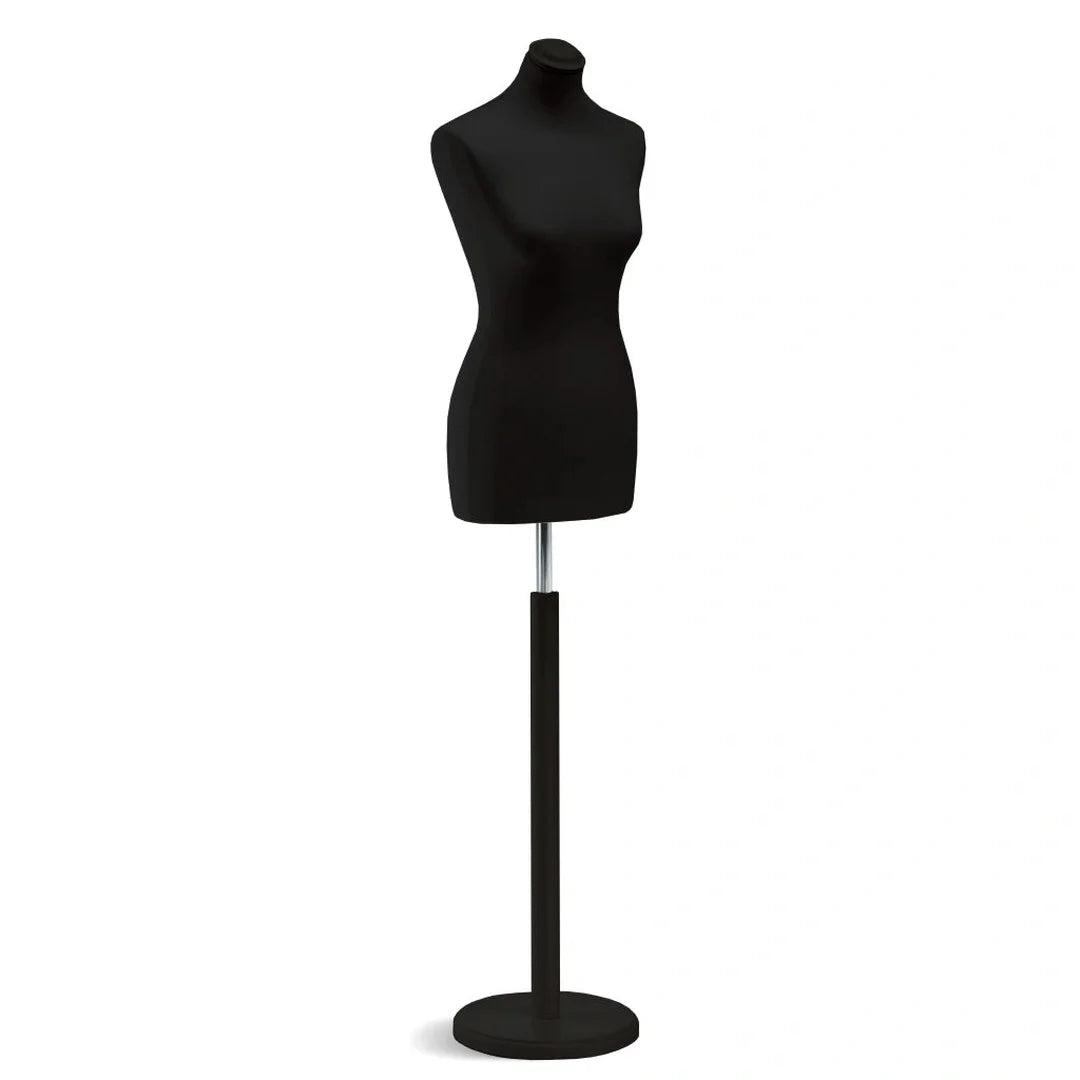 Buste mannequin femme Vetrina coloris noir sur base ronde noire, usage professionnel boutique et showroom
