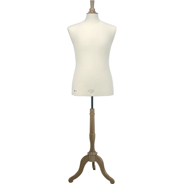 Buste de couture homme Vendôme avec trépied bois naturel et housse jersey écru, pour boutique de mode masculine