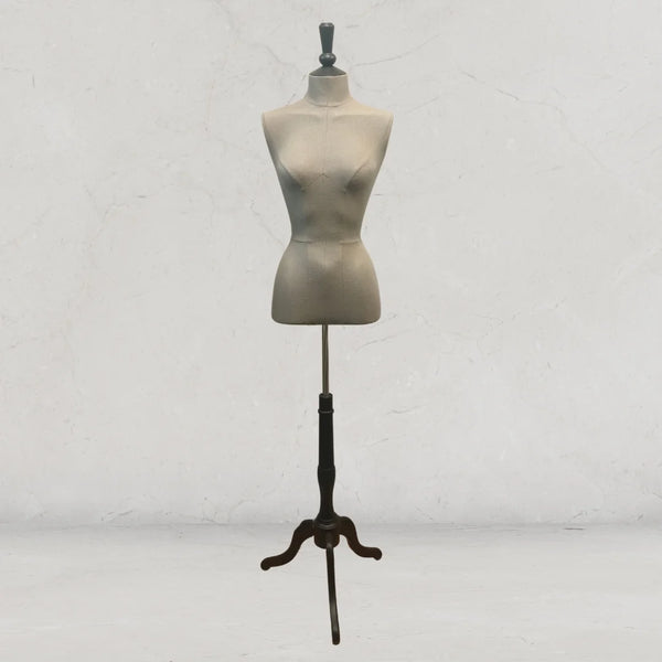 Buste de couture professionnel toile bisonne gris avec trépied bois pour vitrine ou showroom