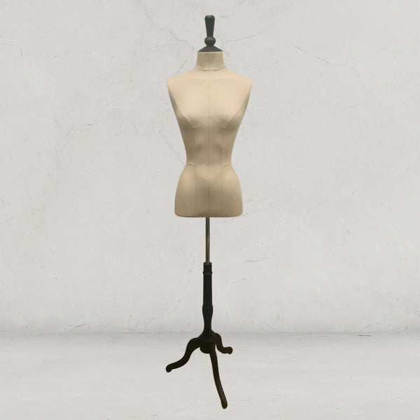 Buste mannequin toile bisonne coloris naturel sur trépied bois anthracite pour atelier et boutique