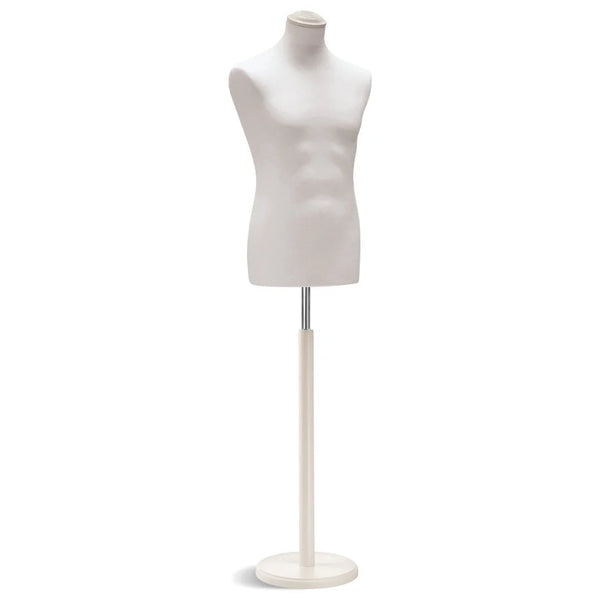 Buste de couture homme Vetrina coloris blanc, base ronde bois finition blanche, housse lycra