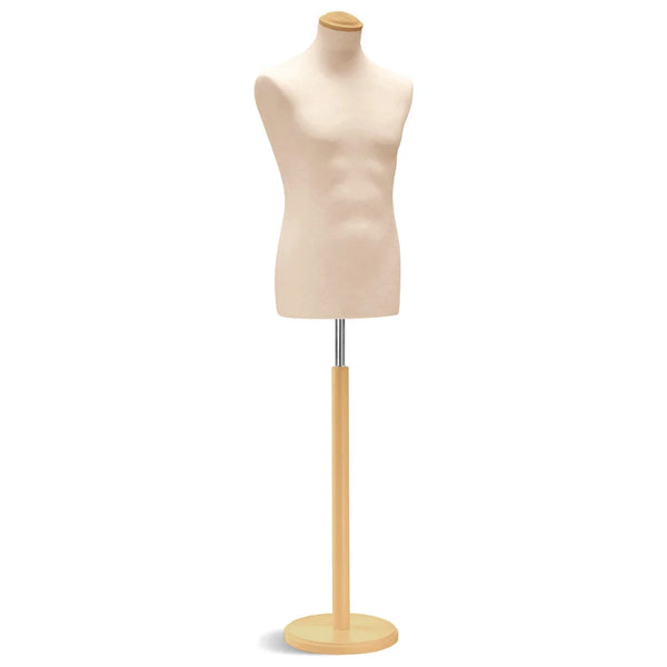 Buste de couture homme Vetrina coloris écru, base ronde en bois naturel, housse lycra
