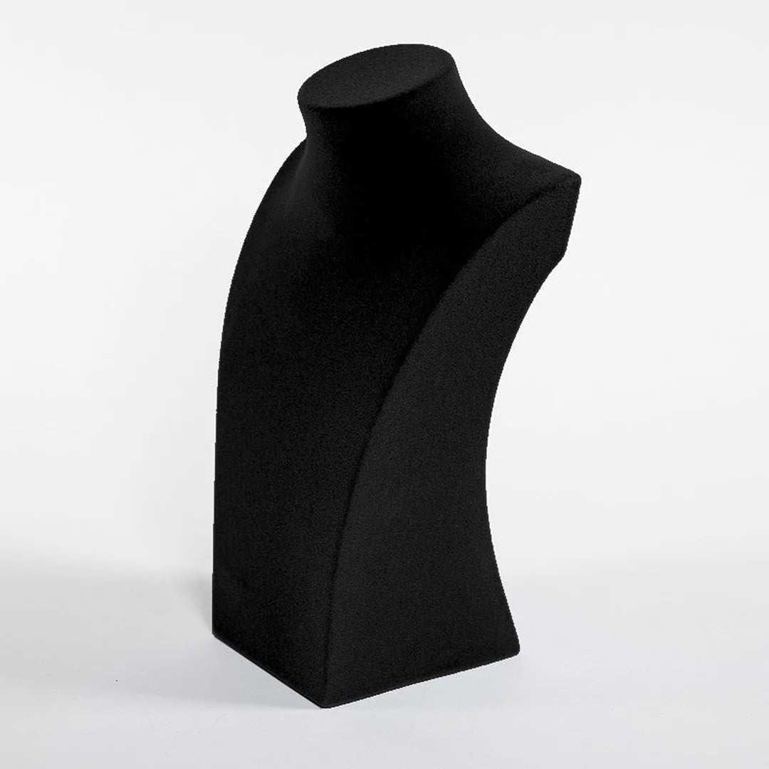 Buste présentoir à bijoux floqué velours noir 24 cm pour colliers, vue de face