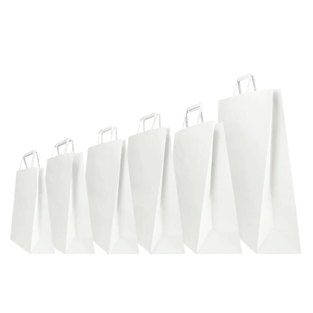 Cabas papier kraft blanc à poignées plates, vendu en carton, 6 formats professionnels pour commerces et boutiques