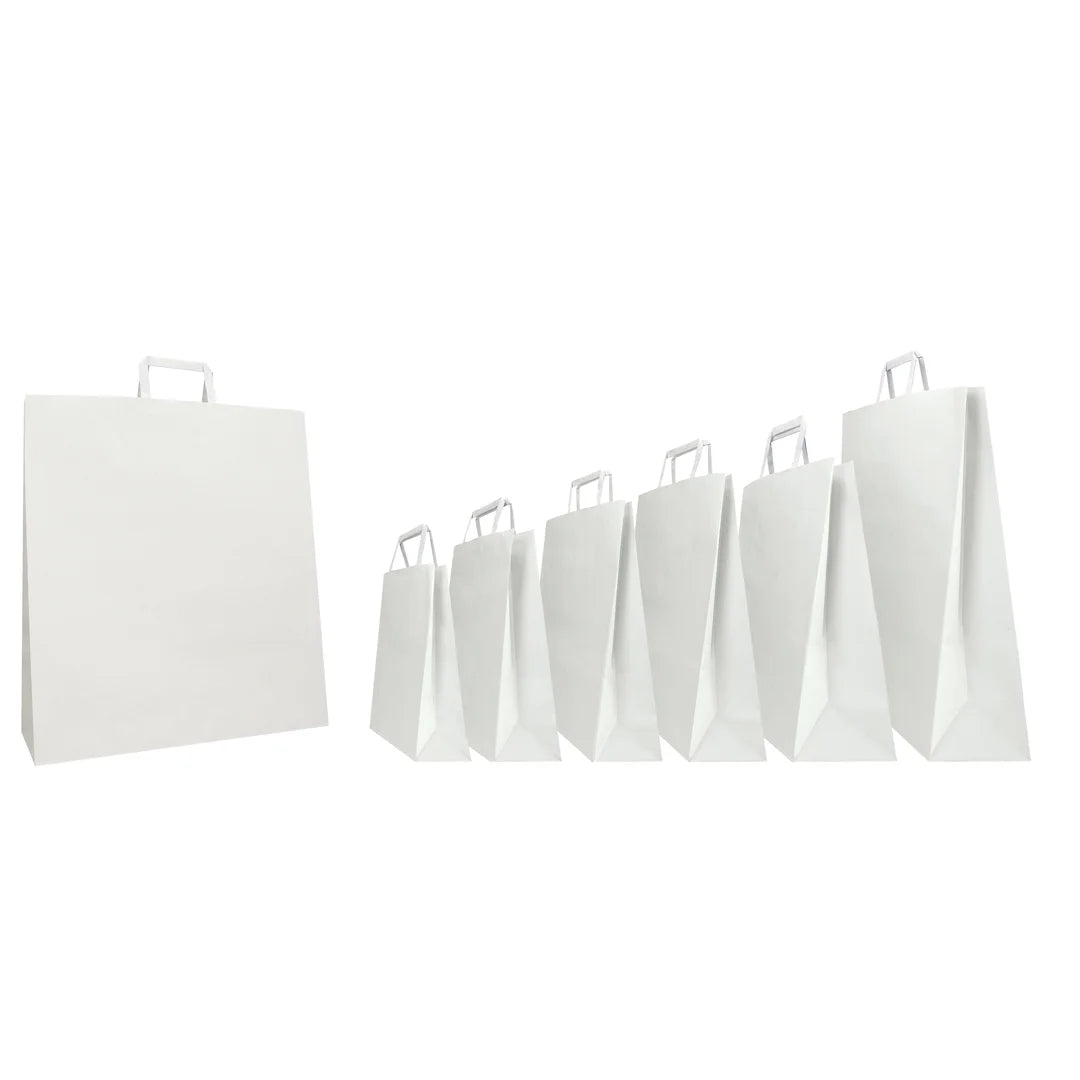 Cabas en papier kraft blanc poignées plates pour commerce — plusieurs formats professionnels disponibles