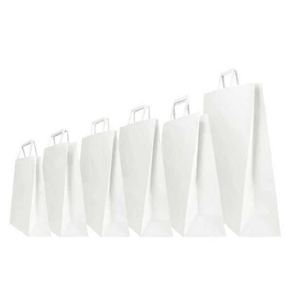 Cabas papier kraft blanc à poignées plates, vendu en carton, 6 formats professionnels pour commerces et boutiques