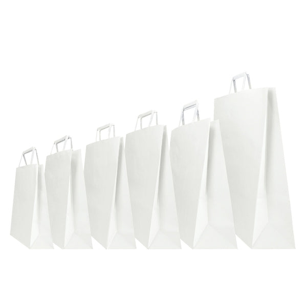 carton de sacs cabas kraft blanc avec poignées plates robuste et recyclable, disponible en plusieurs formats pour commerces, traiteurs et épiceries fines