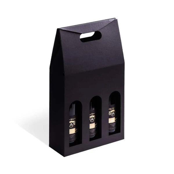 carton portatif pour bouteilles disponible en 2 couleurs et 3 formats, robuste et élégant, idéal cavistes, épiceries fines et coffrets cadeaux