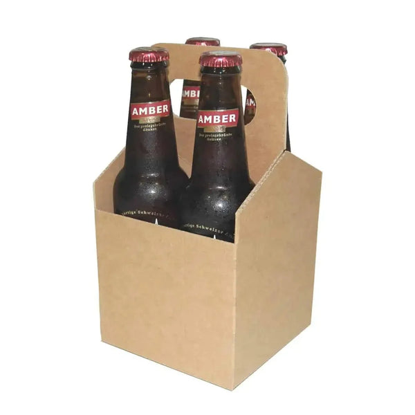 Carton portatif pour 4 petites bouteilles 33cl avec poignée intégrée, coloris kraft et noir