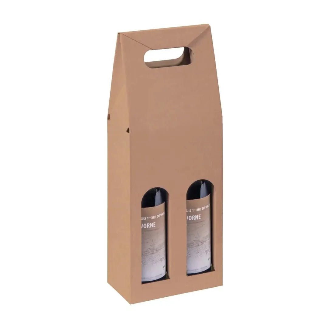 Carton portatif pour 2 bouteilles coloris kraft brun — emballage cadeau vin professionnel