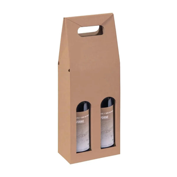 Carton portatif pour 2 bouteilles coloris kraft brun — emballage cadeau vin professionnel