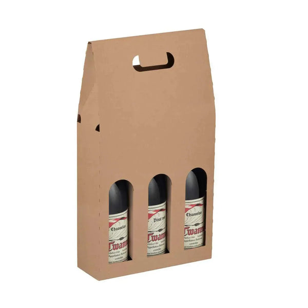 Carton portatif kraft brun format 3 bouteilles avec découpes de maintien intégrées