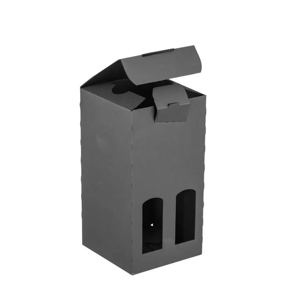 Vue de détail du carton portatif noir 4 bouteilles 33 cl — découpe fenêtres et trous de préhension