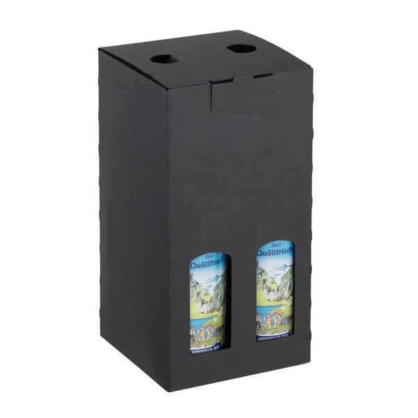 Carton portatif noir mat pour 4 petites bouteilles 33 cl, avec fenêtres de présentation et poignées intégrées